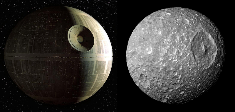 The Death Star looks like Mimas, but it’s about one third smaller. (Image: Lucasfilm/NASA)